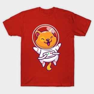 Cute Cat Astronaut Floating In Space Cartoon T-Shirt